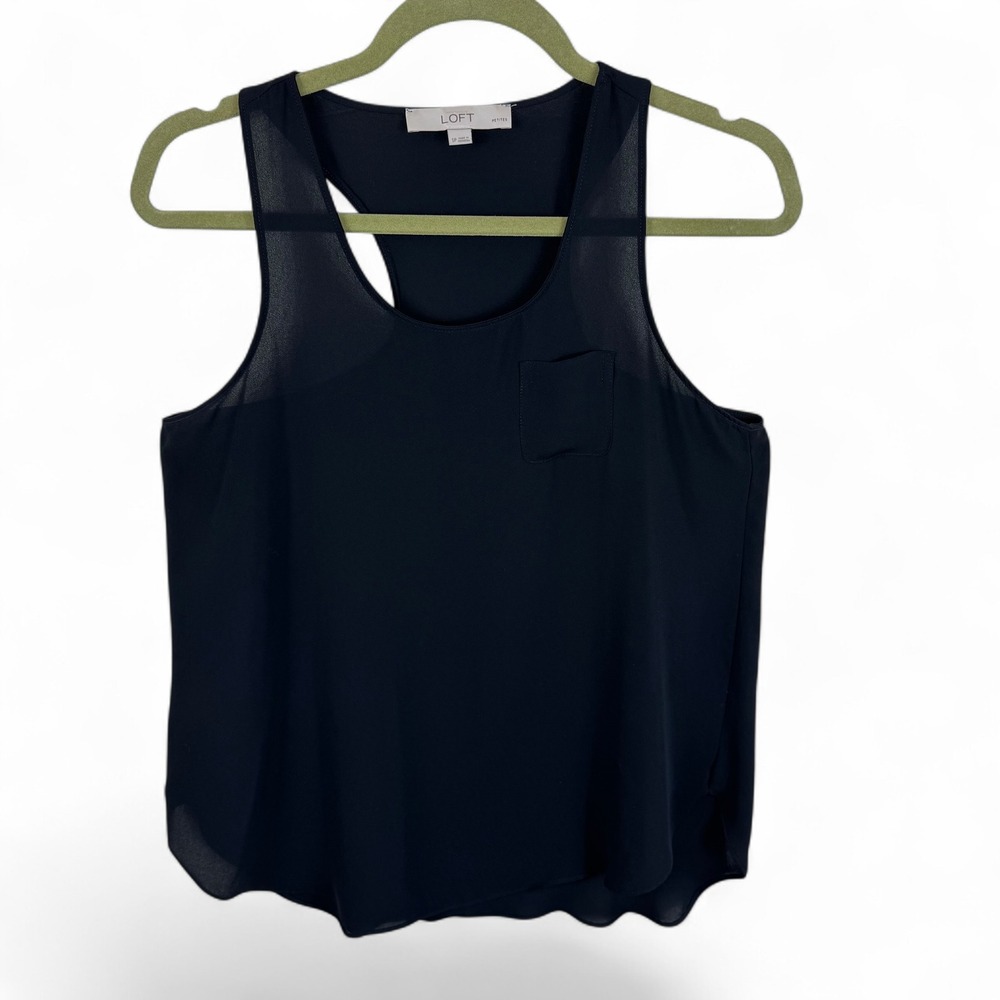 LOFT Black Racerback Tank Top Petite Small SP Sleeveless Pocket Chiffon Shell